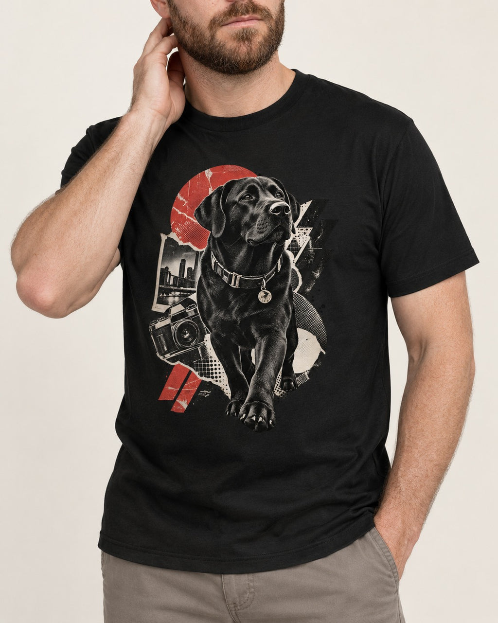 Labrador Retriever Camera City Halftone Collage Graphic T-Shirt in Black, worn by a model, front view
