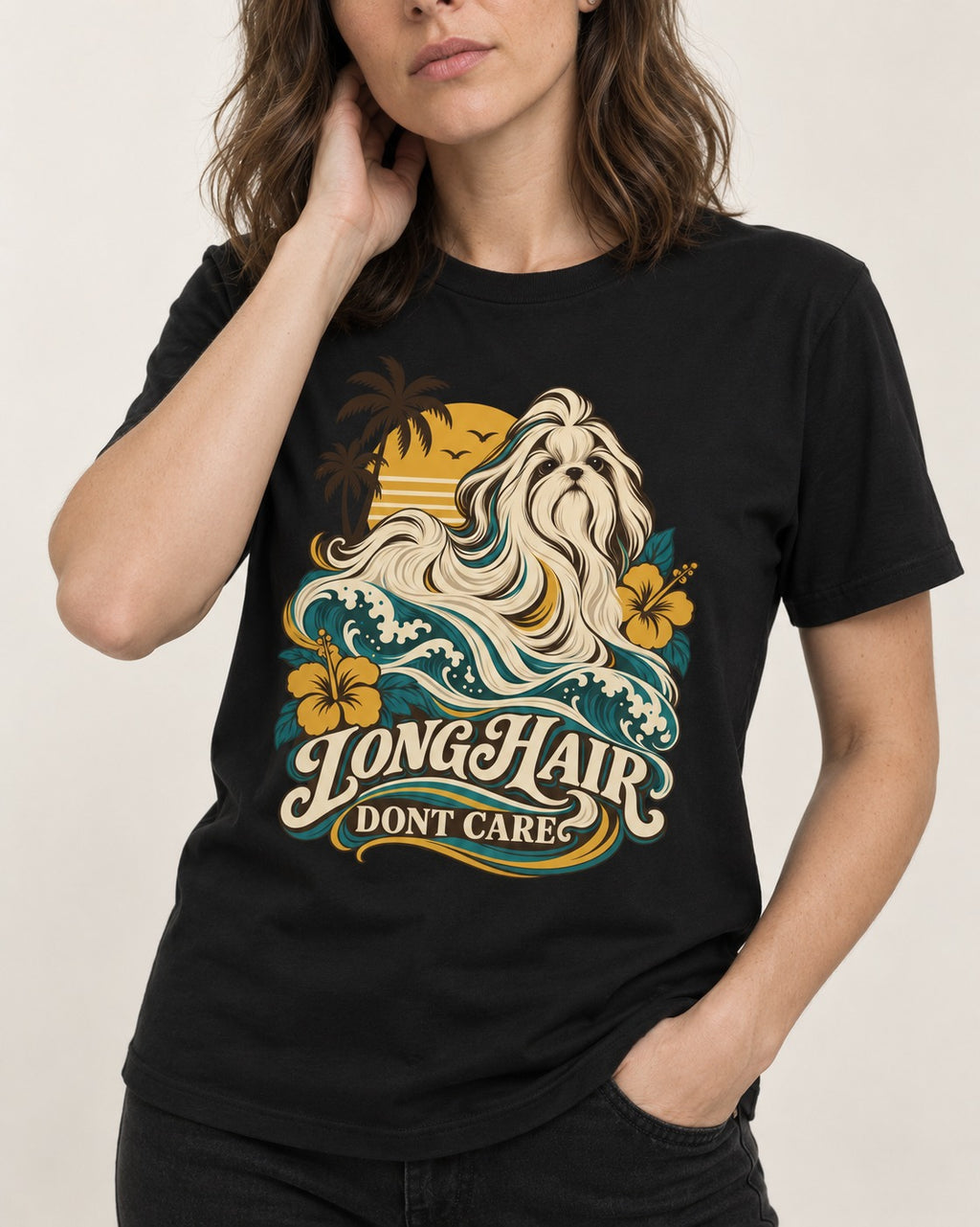 Shih Tzu Long Hair Don't Care Tropical Wave Graphic T-Shirt in Black, worn by a model, front view