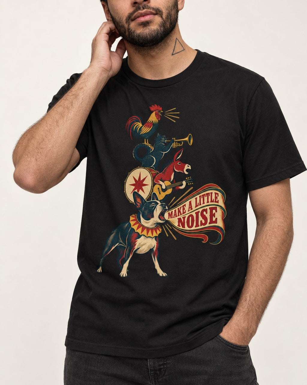 Boston Terrier Make A Little Noise T-Shirt in Black, worn by a model, front view