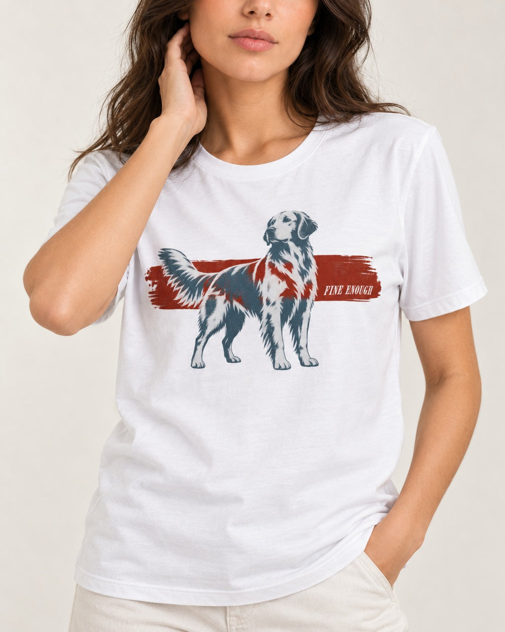 Fine Enough Golden Retriever T-Shirt in White, worn by a model, front view