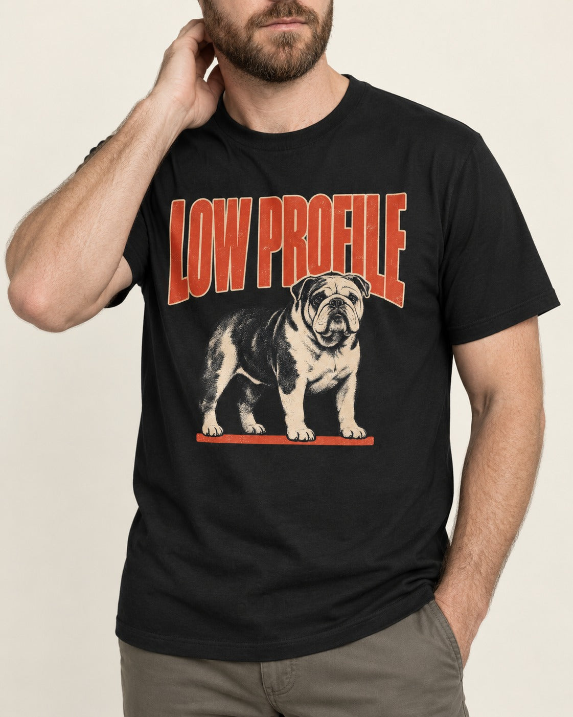 English Bulldog Low Profile Standing Graphic T-Shirt in Black, worn by a model, front view
