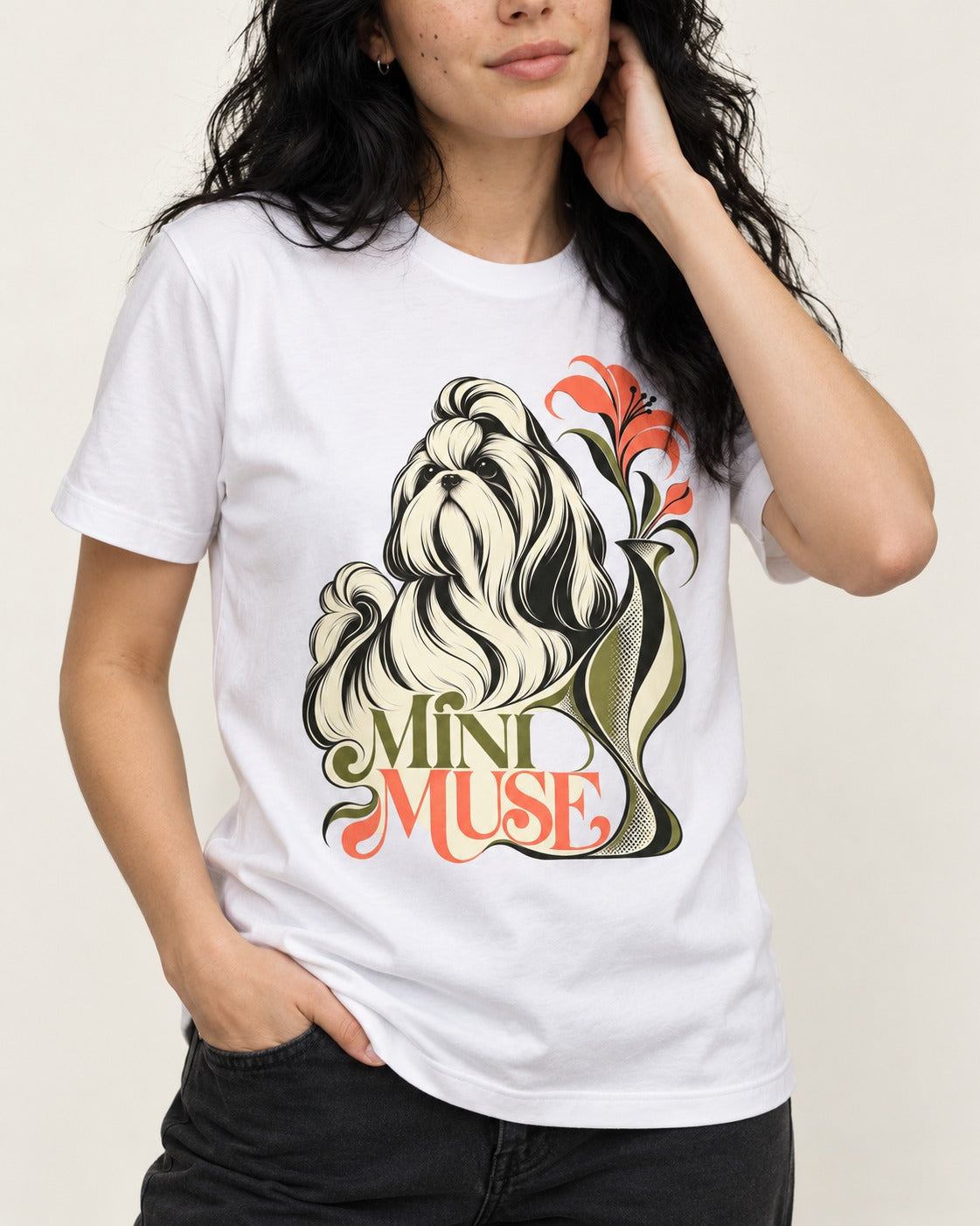Shih Tzu Mini Muse T-Shirt in White, worn by a model, front view