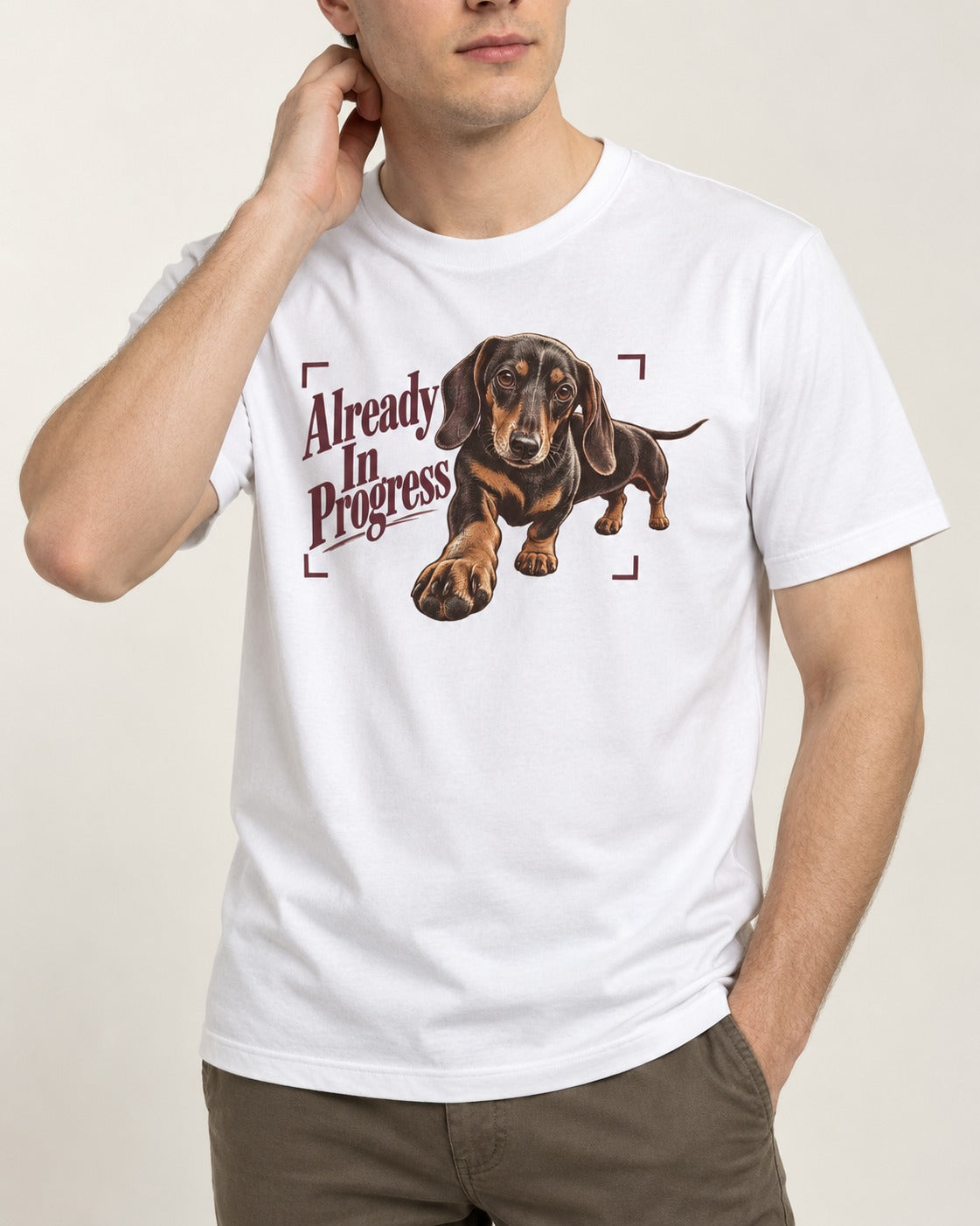 Dachshund Already in Progress T-Shirt in White, worn by a model, front view