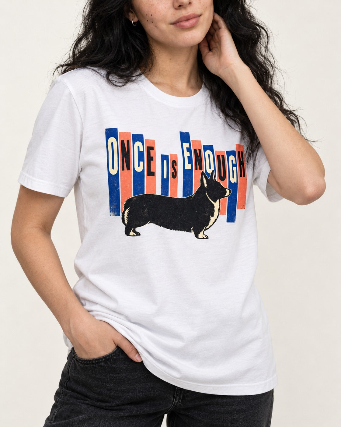 Corgi Once Is Enough T-Shirt in White, worn by a model, front view