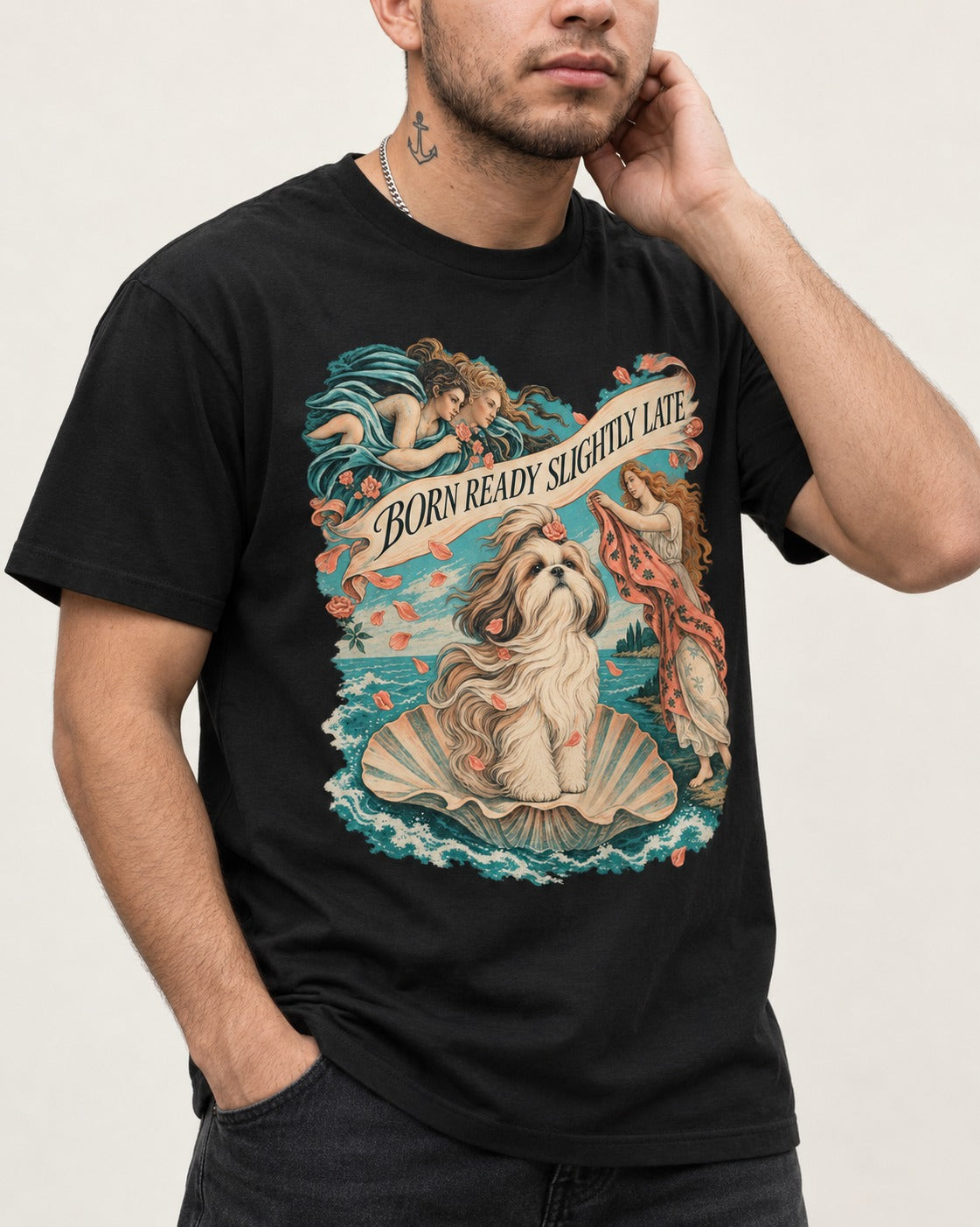 Shih Tzu Born Ready Slightly Late Venus Graphic T-Shirt in Black, worn by a model, front view