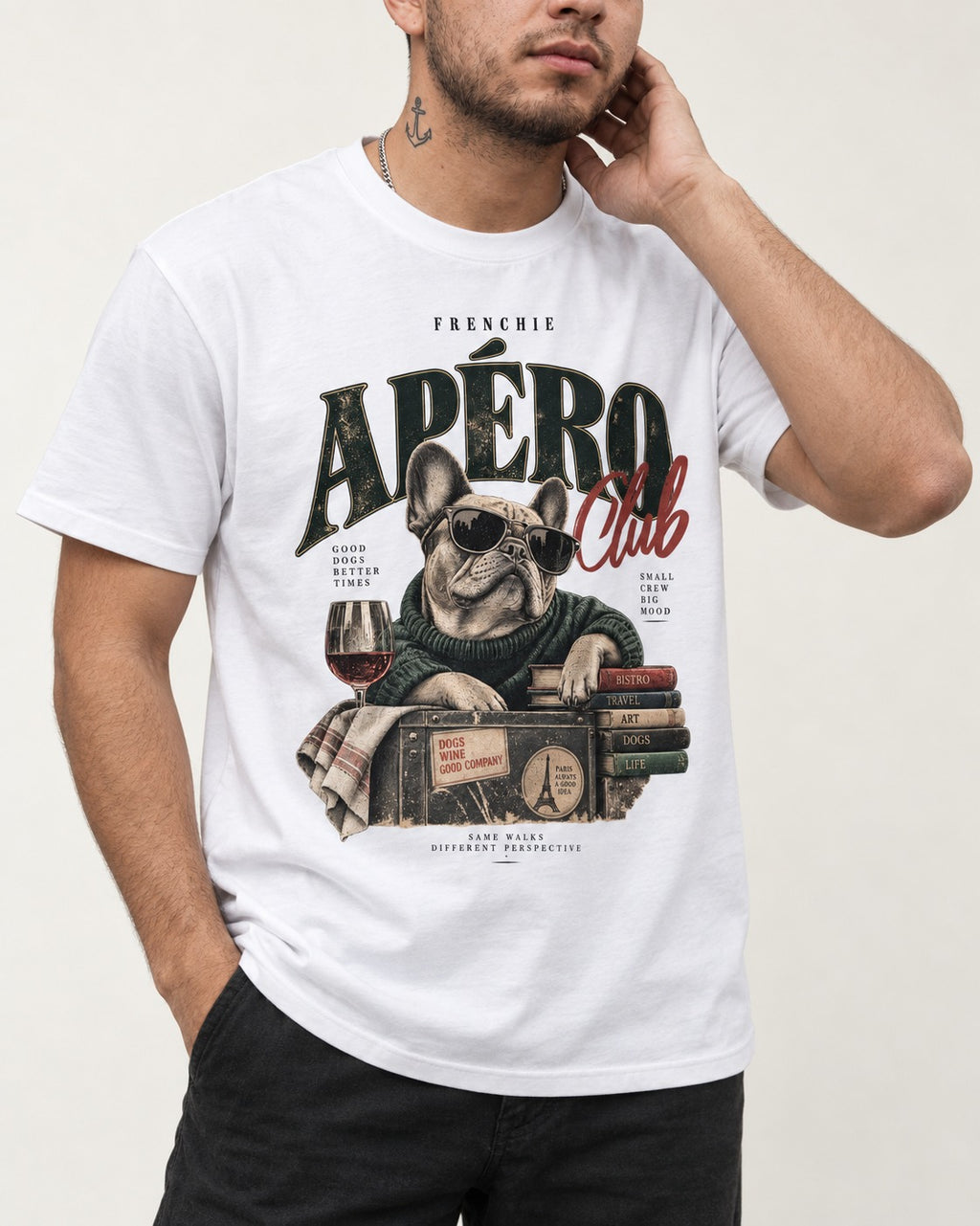 Frenchie Apero Club T-Shirt in White, worn by a model, front view
