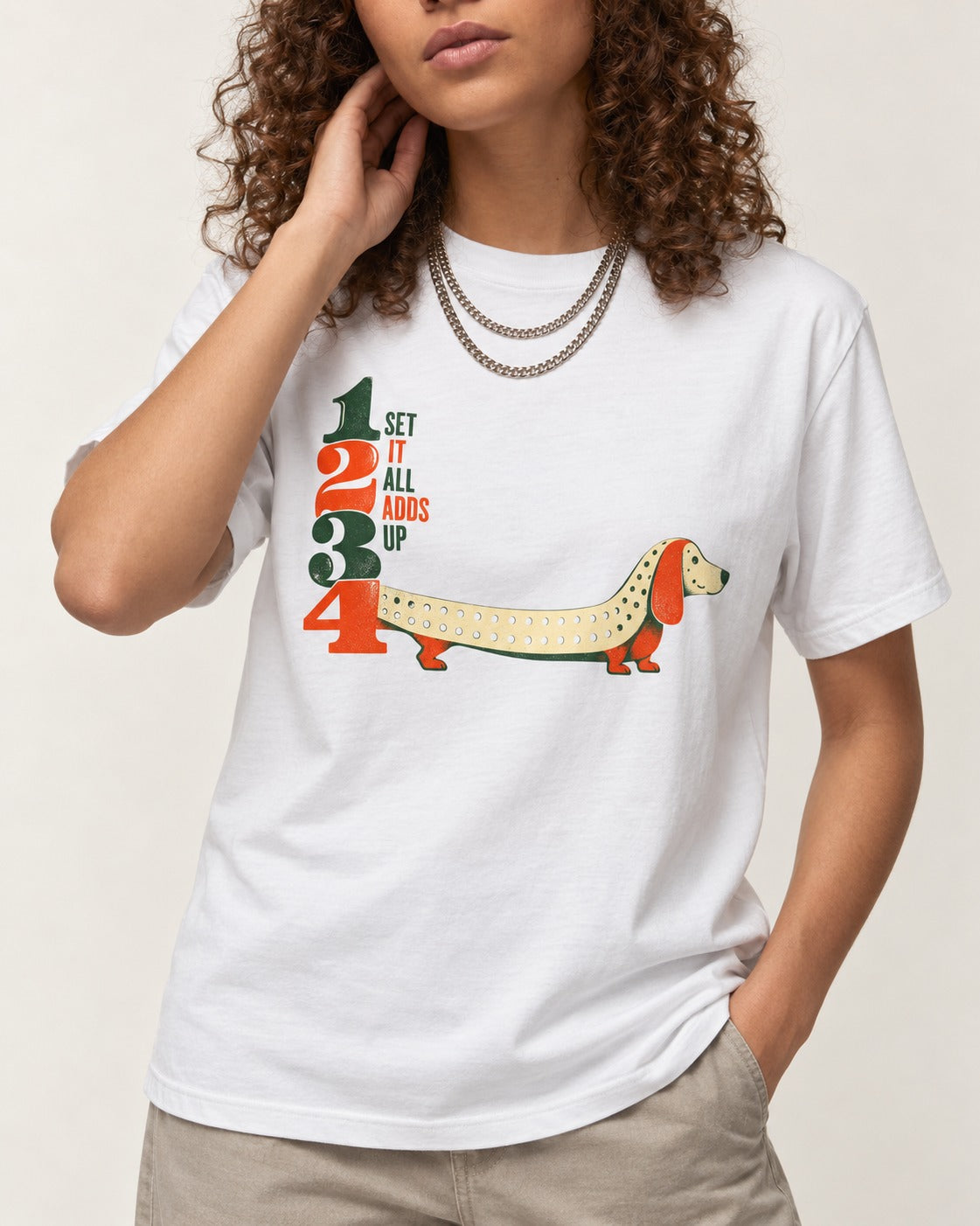 Dachshund Adds Up T-Shirt in White, worn by a model, front view