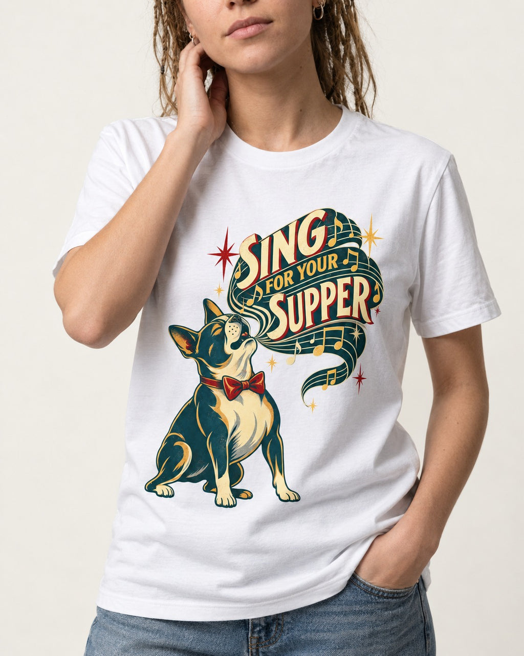 Boston Terrier Sing for Your Supper T-Shirt in White, worn by a model, front view