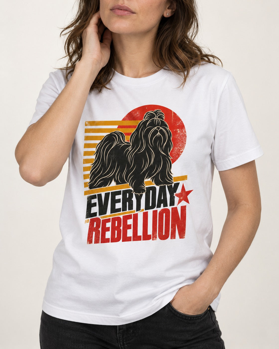 Everyday Rebellion Shih Tzu T-Shirt in White, worn by a model, front view