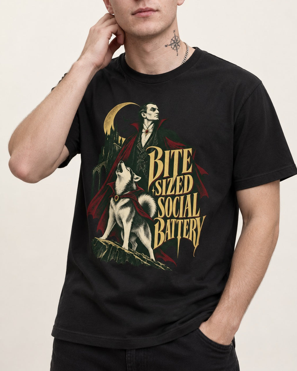 Husky Bite Sized Social Battery Vampire Graphic T-Shirt in Black, worn by a model, front view