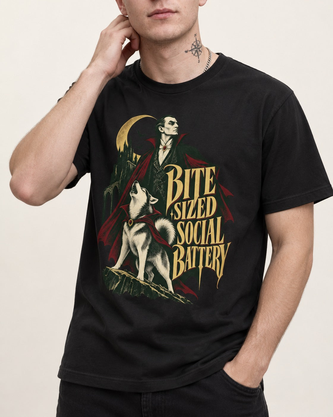 Husky Bite Sized Social Battery Vampire Graphic T-Shirt in Black, worn by a model, front view