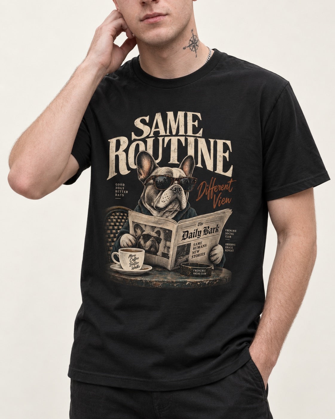 Frenchie Same Routine Different View Graphic T-Shirt in Black, worn by a model, front view
