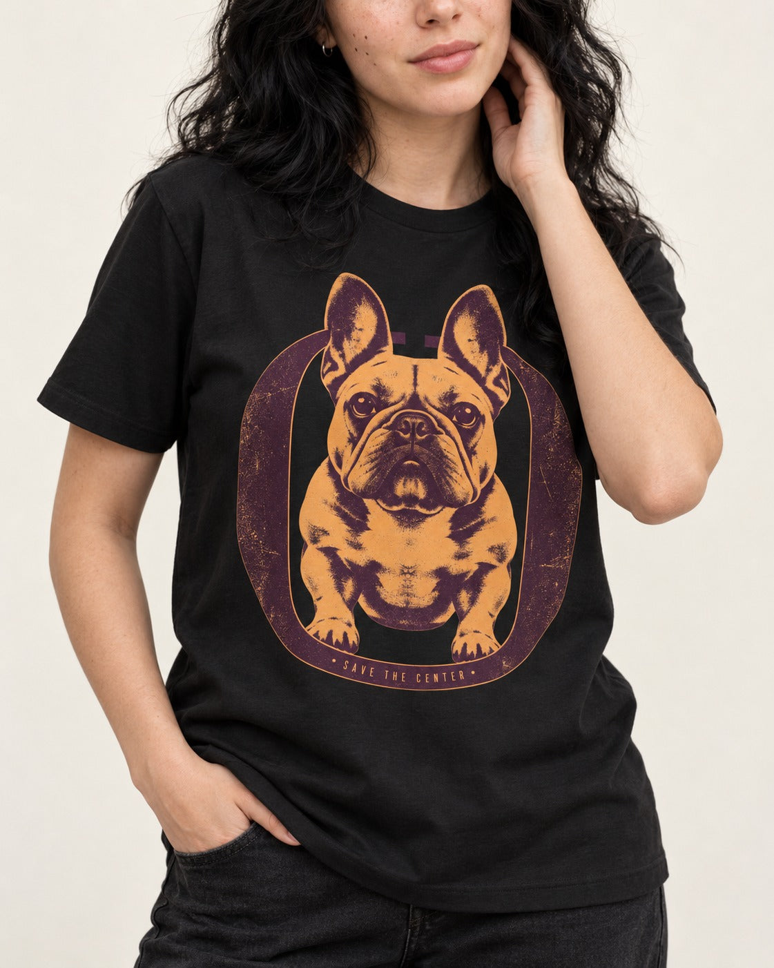 Frenchie Save the Center Oval Portrait Graphic T-Shirt in Black, worn by a model, front view