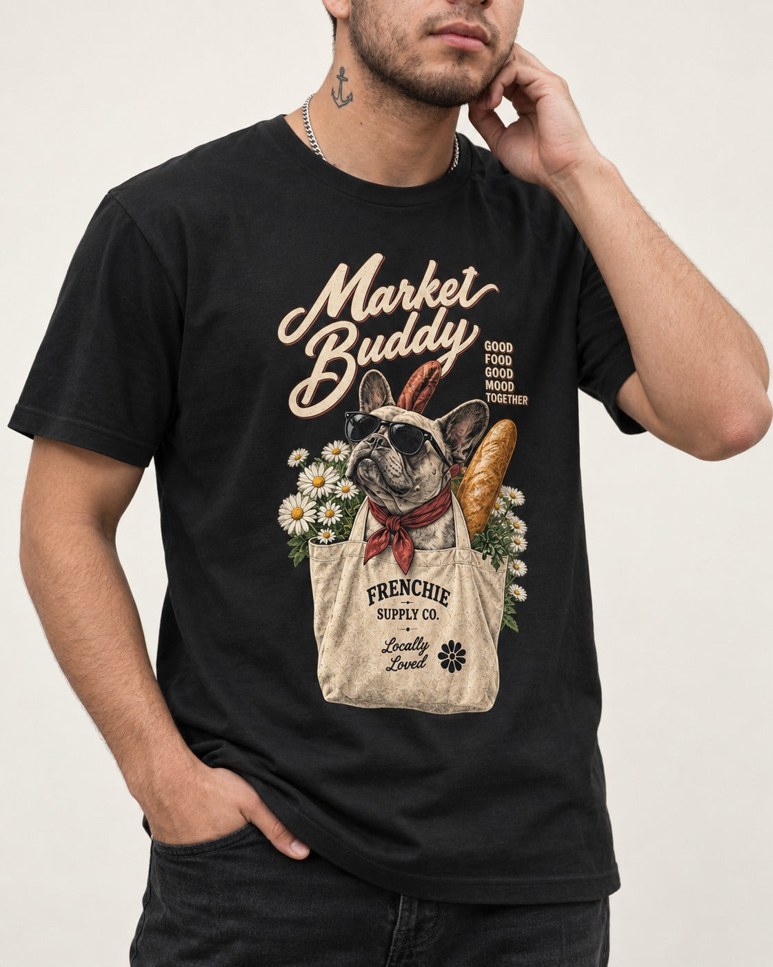 Frenchie Market Buddy Grocery Tote Graphic T-Shirt in Black, worn by a model, front view