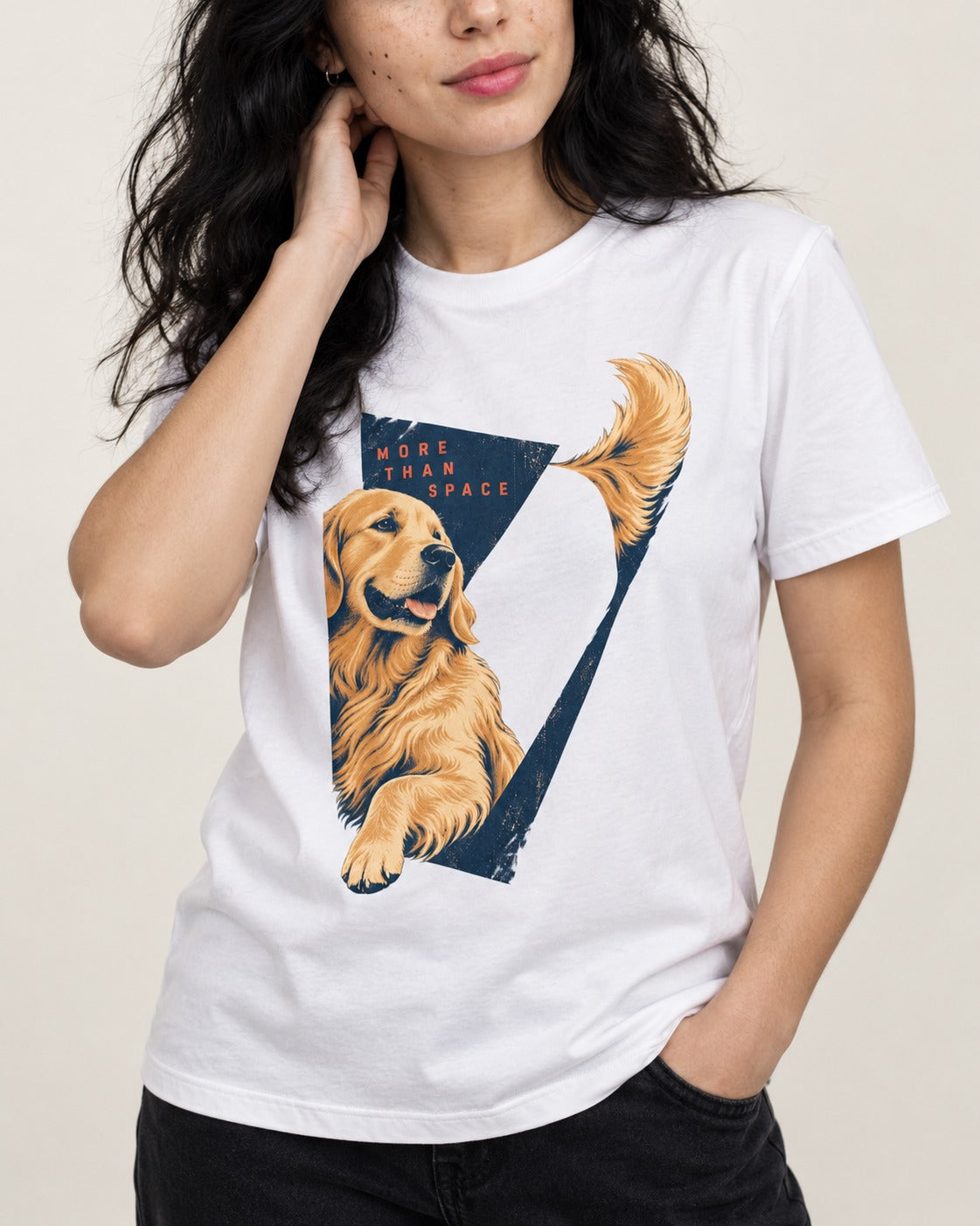 Golden Retriever More Than Space T-Shirt in White, worn by a model, front view