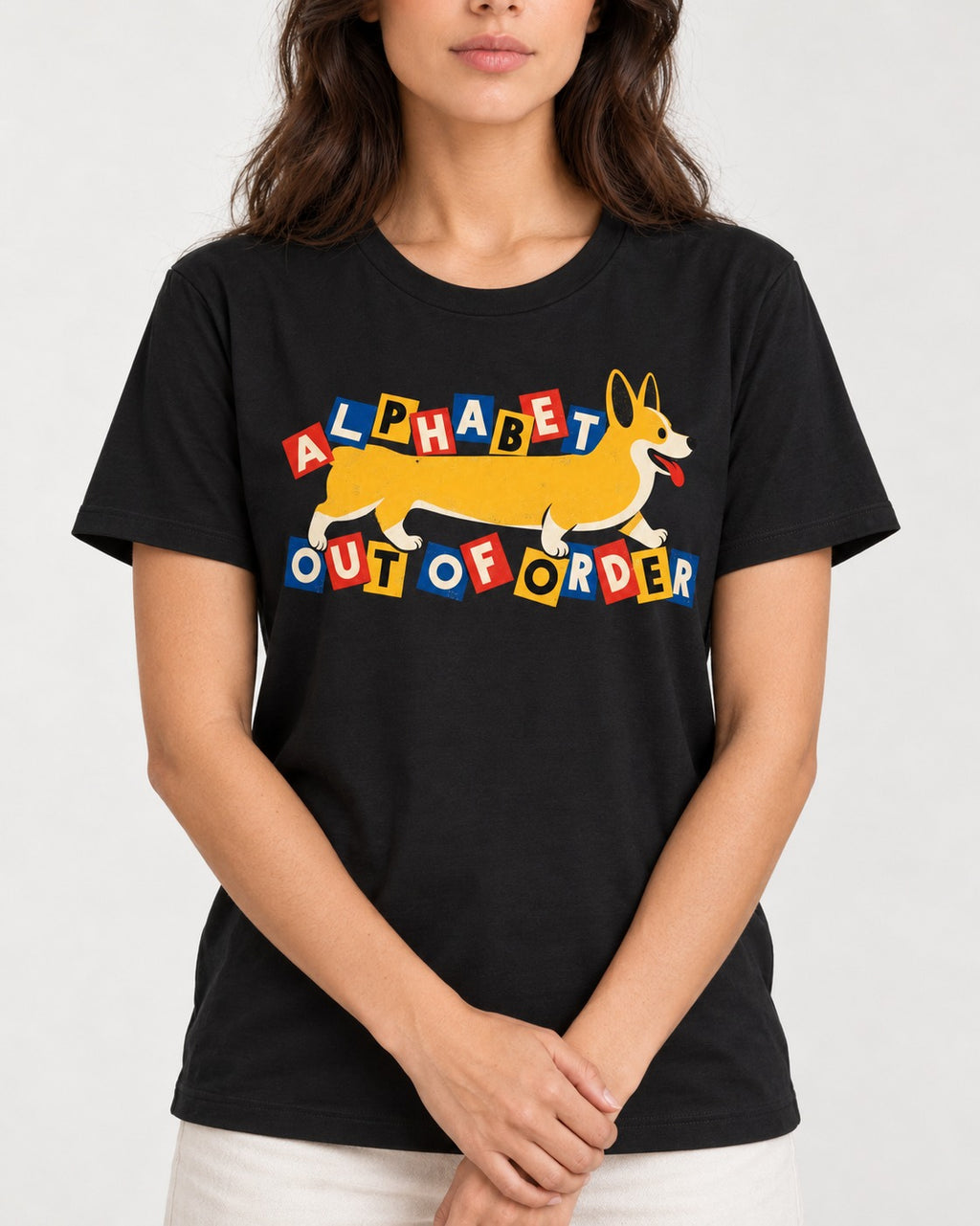 Corgi Alphabet Out of Order Graphic T-Shirt in Black, worn by a model, front view