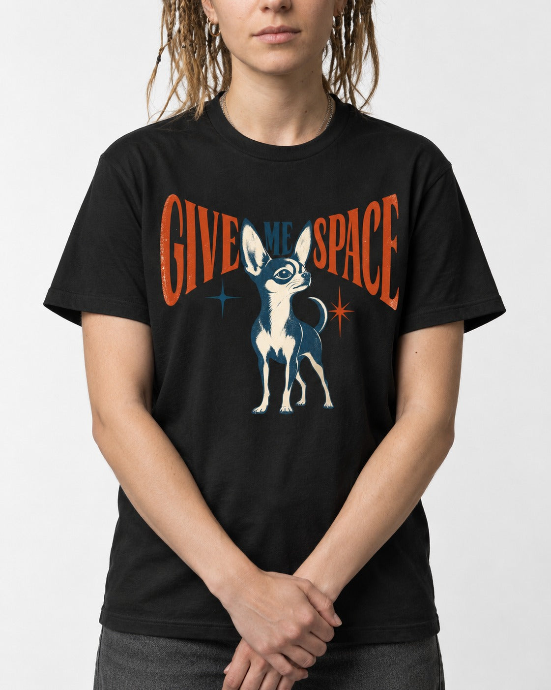 Chihuahua Give Me Space Starburst Graphic T-Shirt in Black, worn by a model, front view