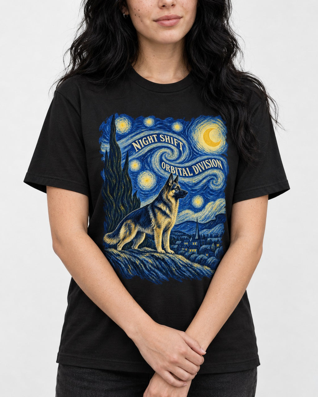 German Shepherd Dog Night Shift Orbital Division Starry Night T-Shirt in Black, worn by a model, front view