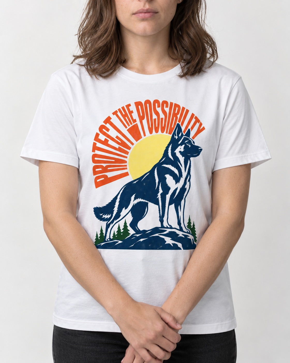 German Shepherd Dog Protect the Possibility T-Shirt in White, worn by a model, front view