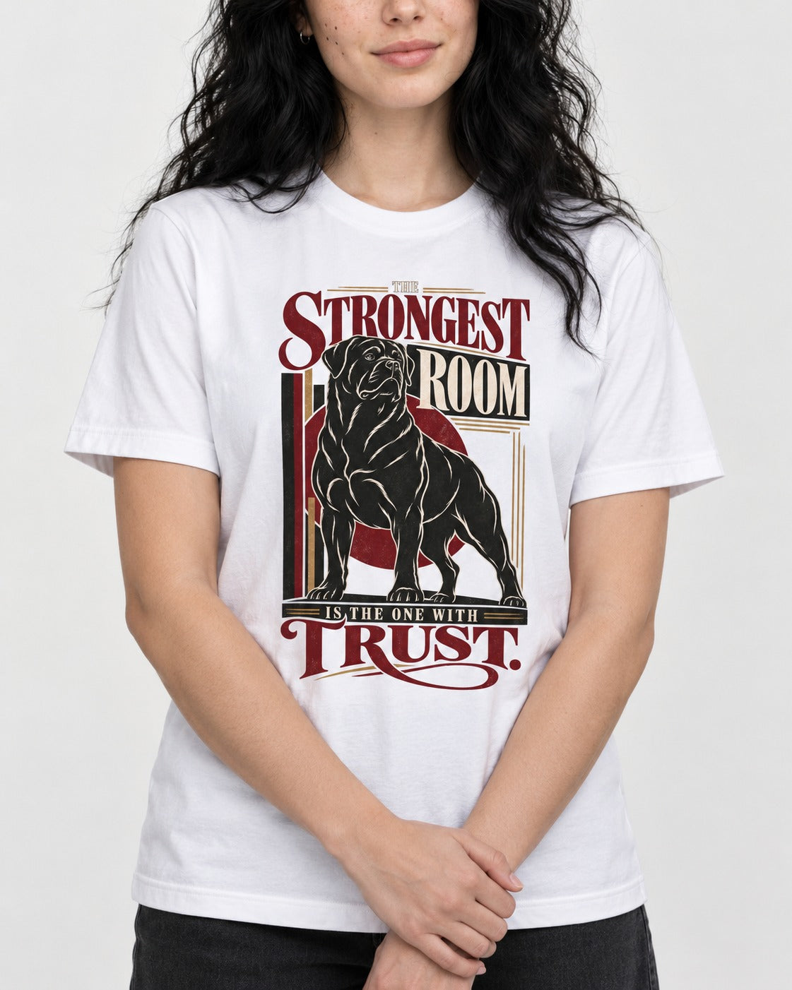 Rottweiler Trust T-Shirt in White, worn by a model, front view