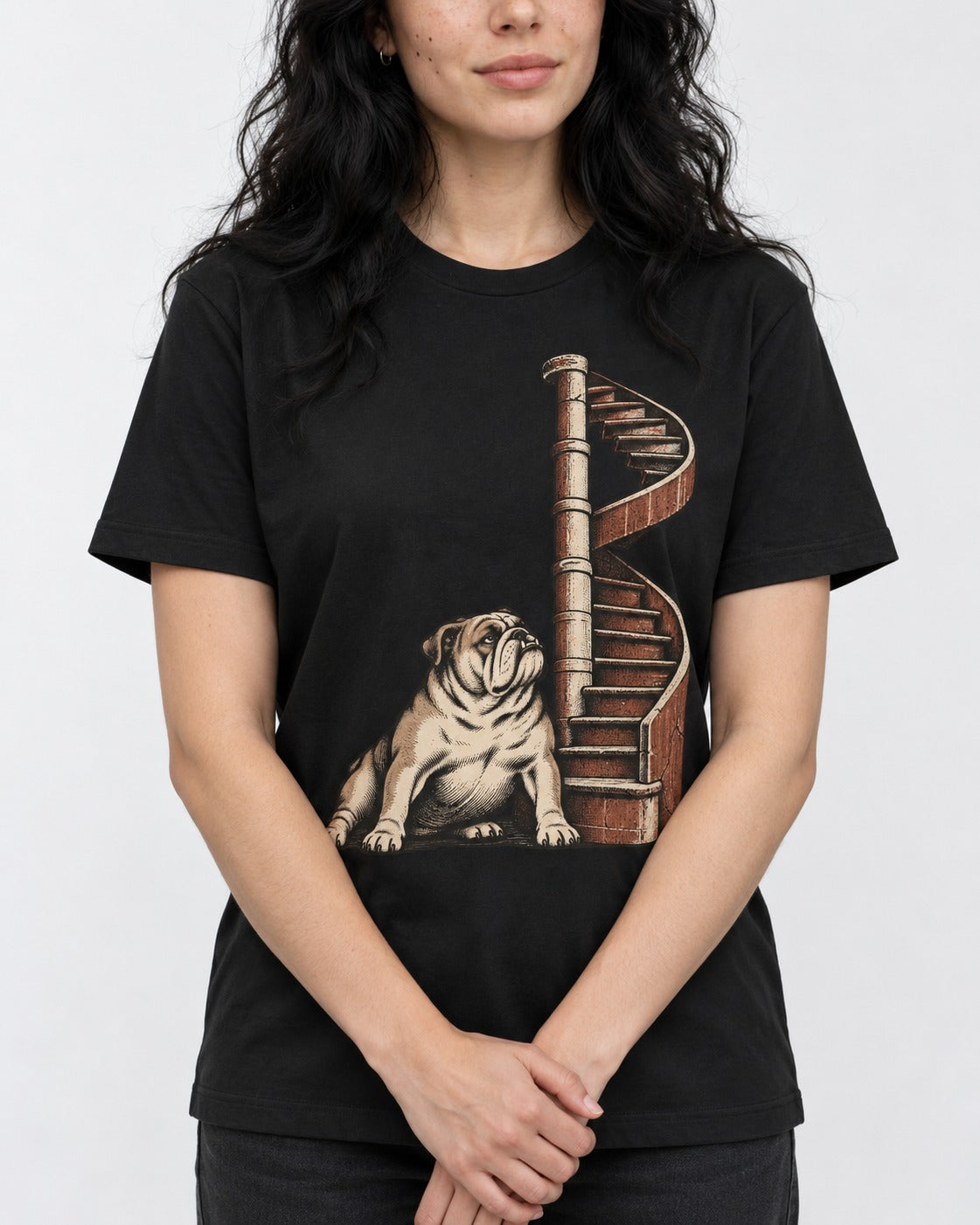 English Bulldog Spiral Staircase Graphic T-Shirt in Black, worn by a model, front view