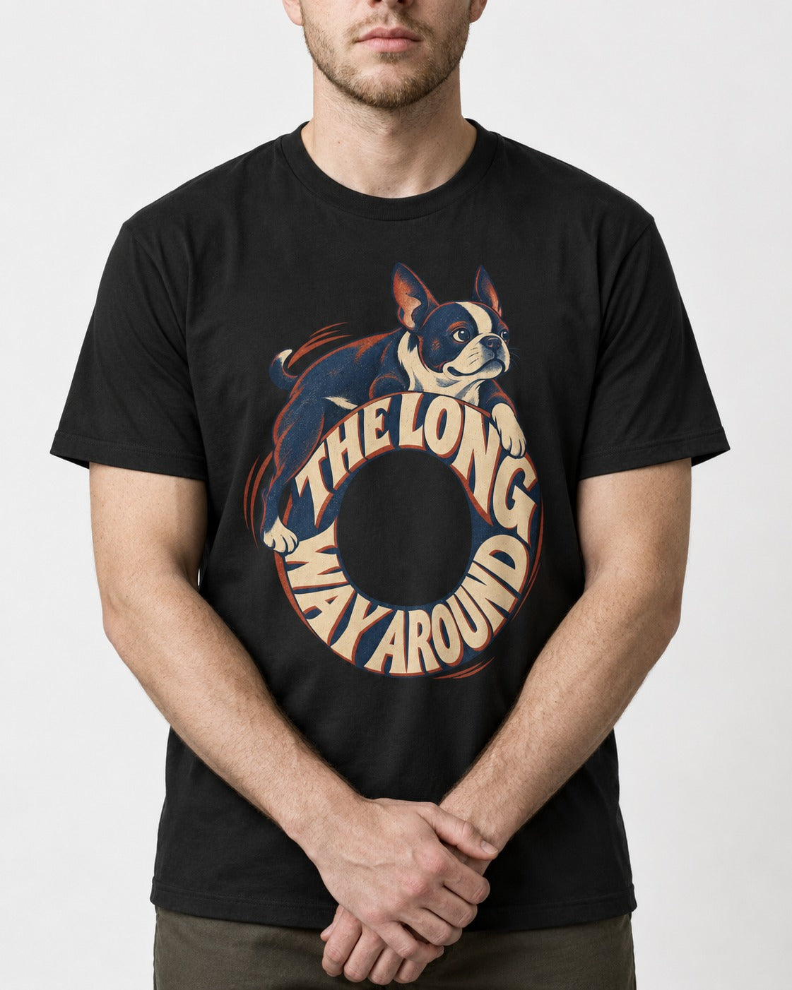 Boston Terrier the Long Way Around T-Shirt in Black, worn by a model, front view