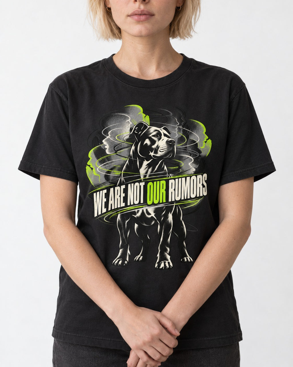 Pitbull We Are Not Our Rumors Swirling Voices Graphic T-Shirt in Black, worn by a model, front view