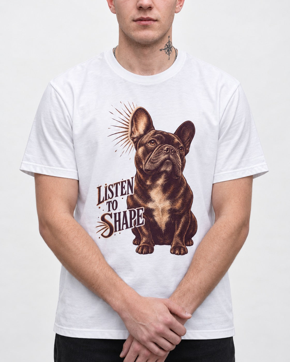 Listen to Shape Frenchie T-Shirt in White, worn by a model, front view