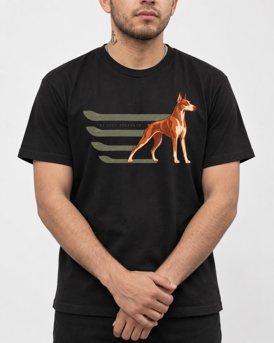 Doberman The Lean Standard Speed Bars Graphic T-Shirt in Black, worn by a model, front view
