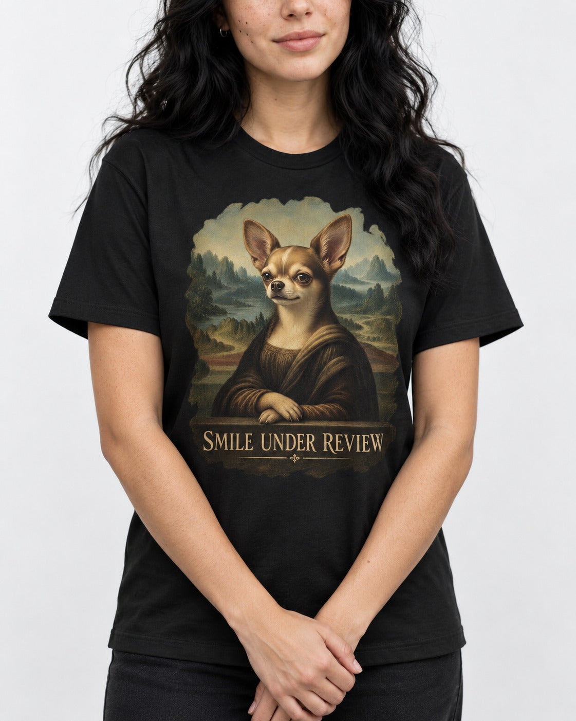 Chihuahua Smile Under Review Mona Lisa Portrait T-Shirt in Black, worn by a model, front view