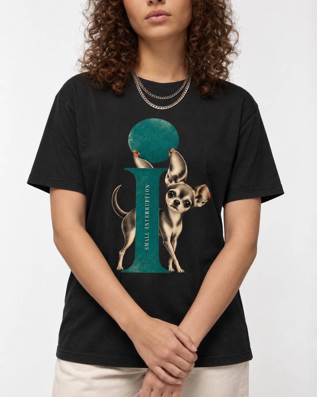 Chihuahua Small Interruption Geometric Portrait T-Shirt in Black, worn by a model, front view