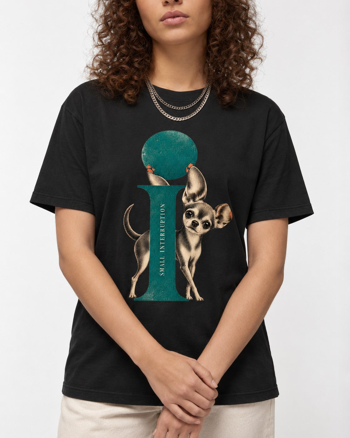 Chihuahua Small Interruption Geometric Portrait T-Shirt in Black, worn by a model, front view