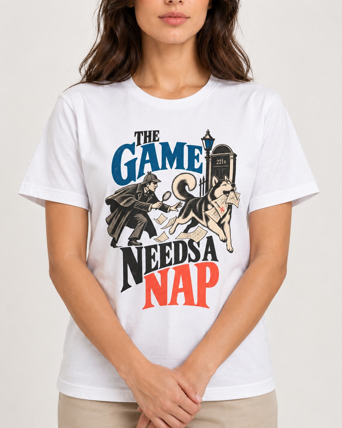 Husky Needs a Nap T-Shirt in White, worn by a model, front view