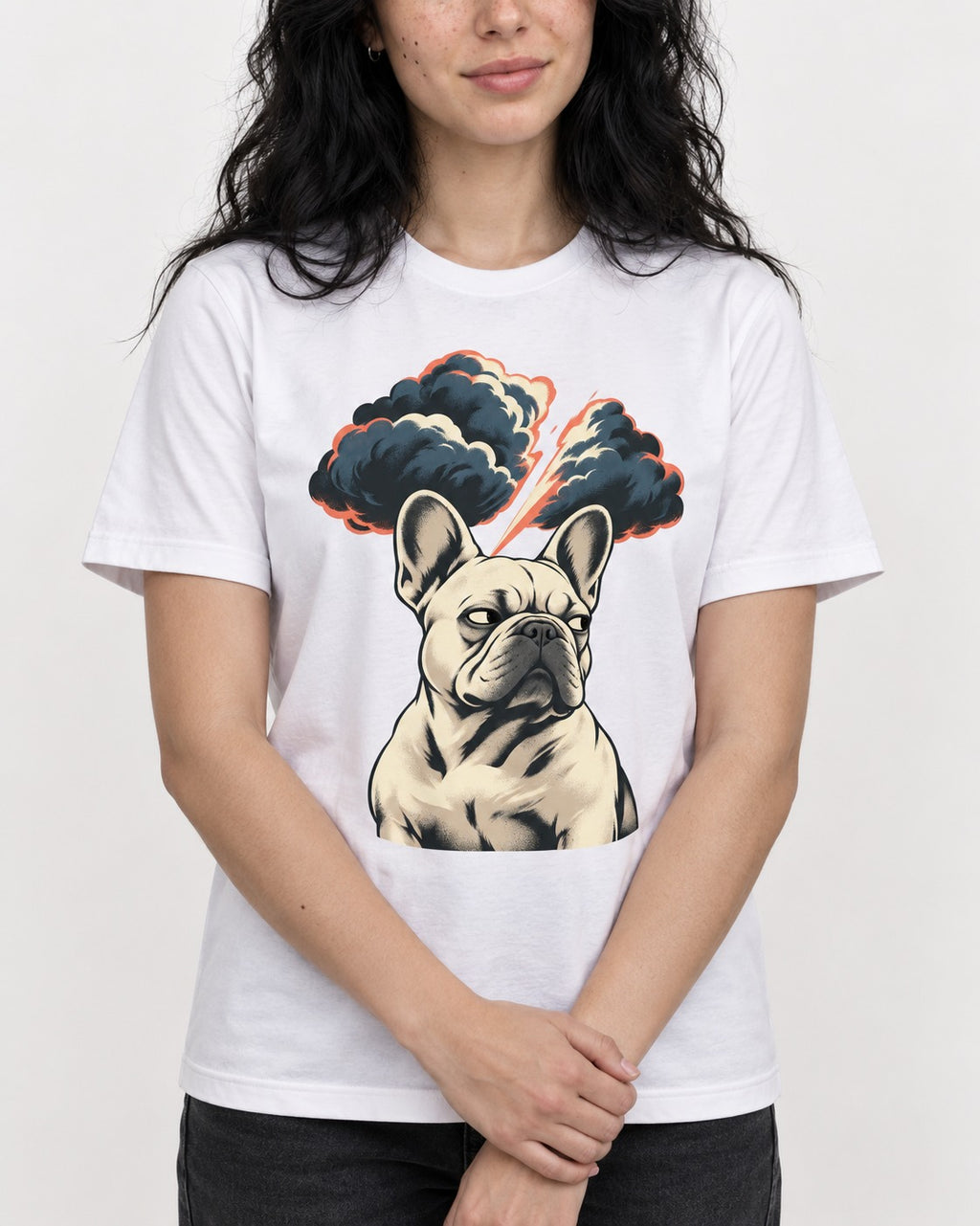 Frenchie Storm Warning T-Shirt in White, worn by a model, front view