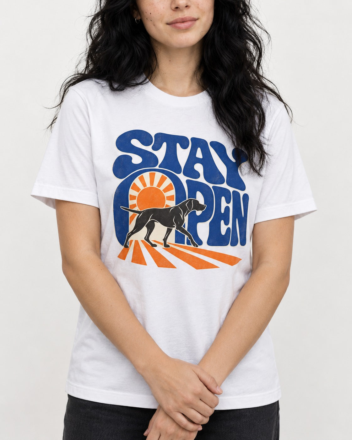 Stay Open German Shorthaired Pointer T-Shirt in White, worn by a model, front view