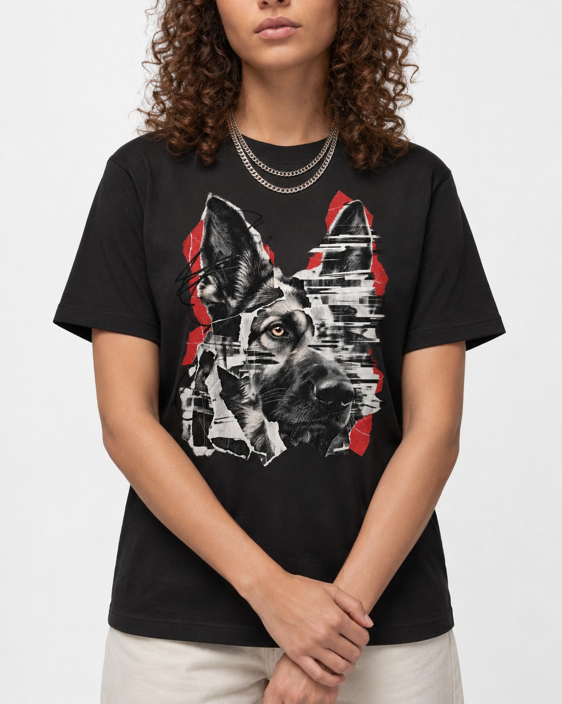 Black Signal Torn Collage German Shepherd Dog Portrait Graphic T-Shirt in Black, worn by a model, front view