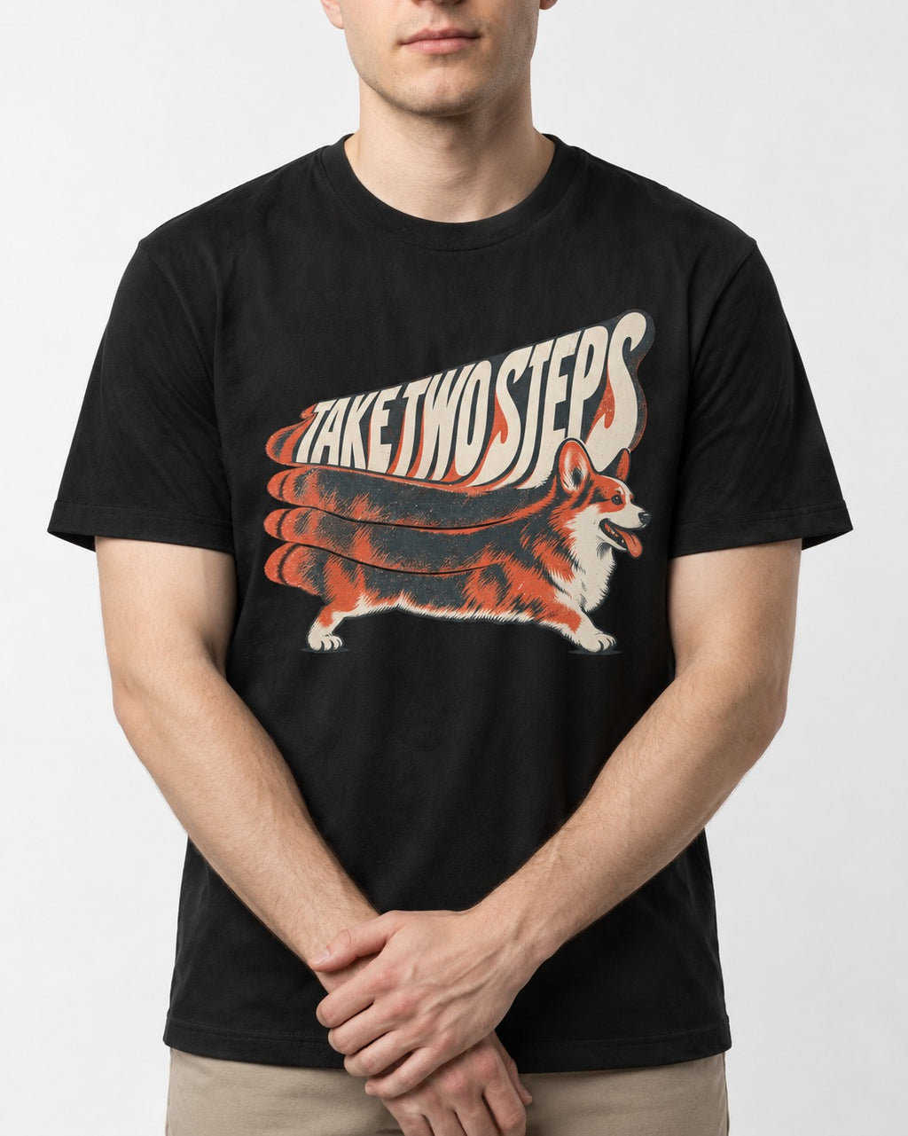 Corgi Take Two Steps Motion Trail Graphic T-Shirt in Black, worn by a model, front view