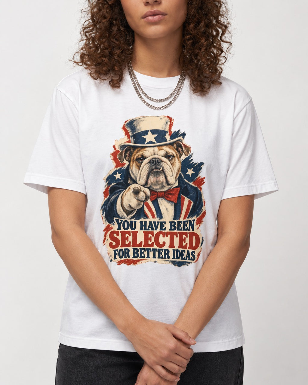 English Bulldog Selected for Better Ideas T-Shirt in White, worn by a model, front view