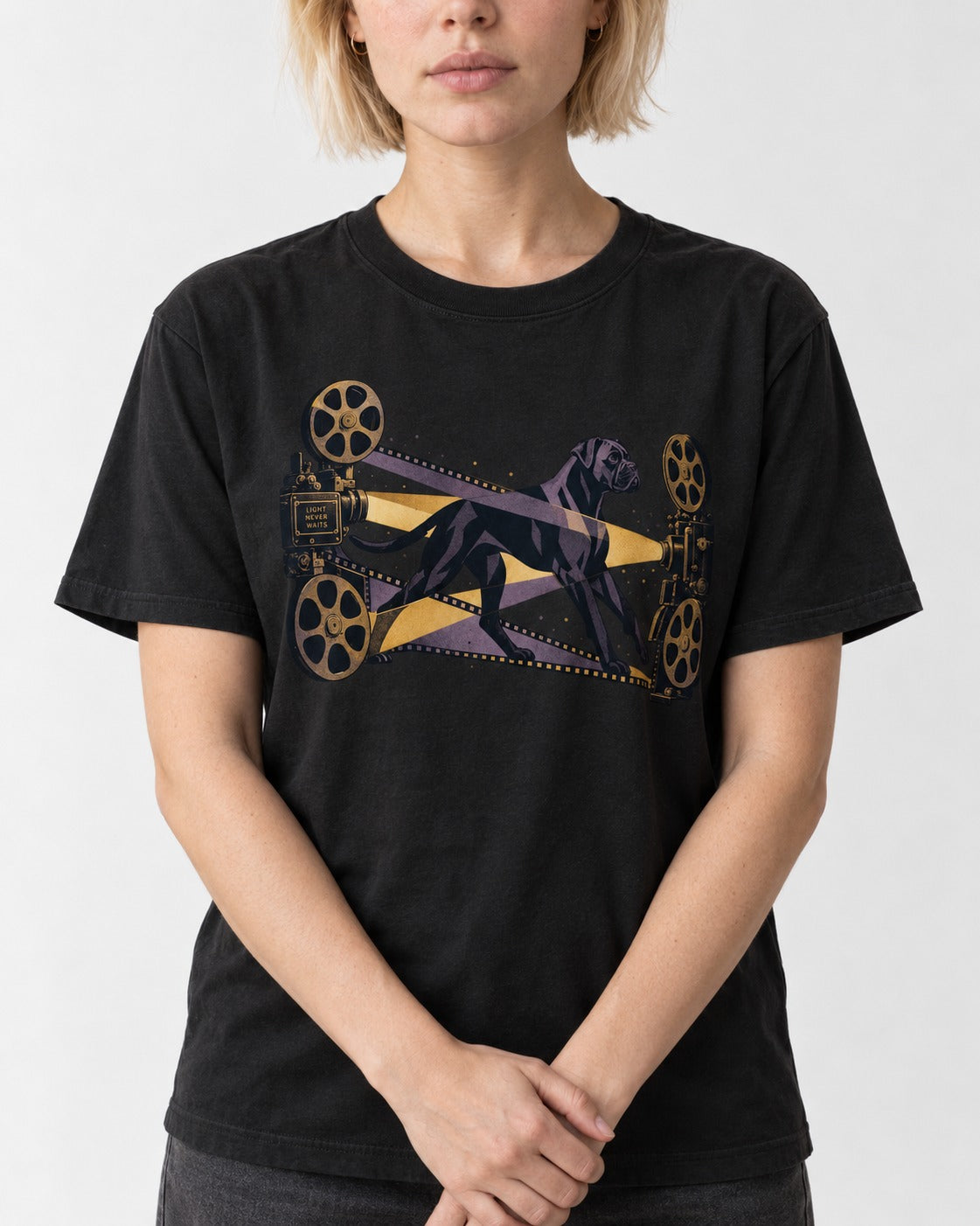 Light Never Waits Boxer Cinema Graphic T-Shirt in Black, worn by a model, front view
