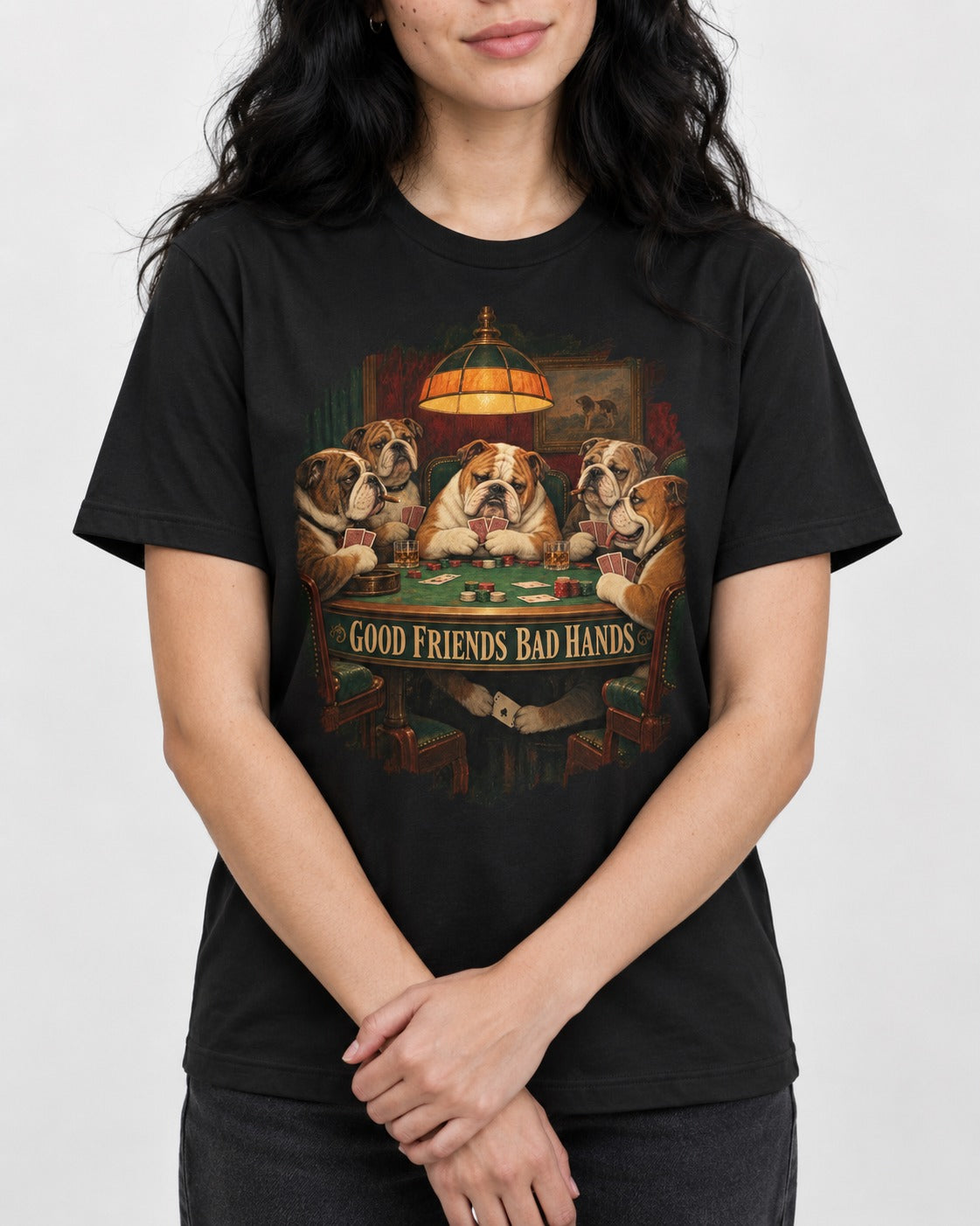 English Bulldog Good Friends Bad Hands Poker Graphic T-Shirt in Black, worn by a model, front view