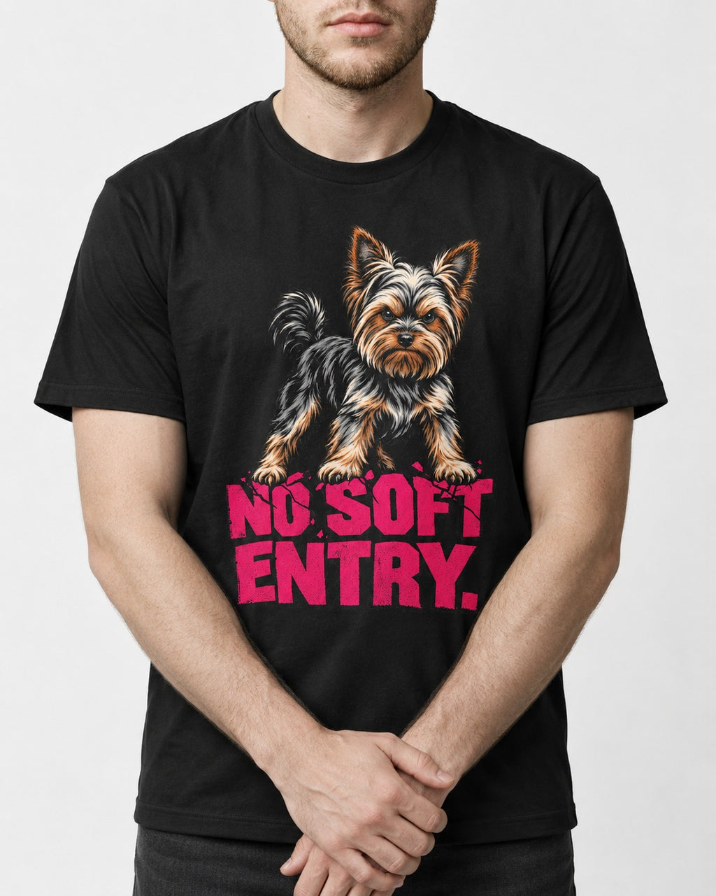Yorkshire Terrier No Soft Entry Stance Graphic T-Shirt in Black, worn by a model, front view