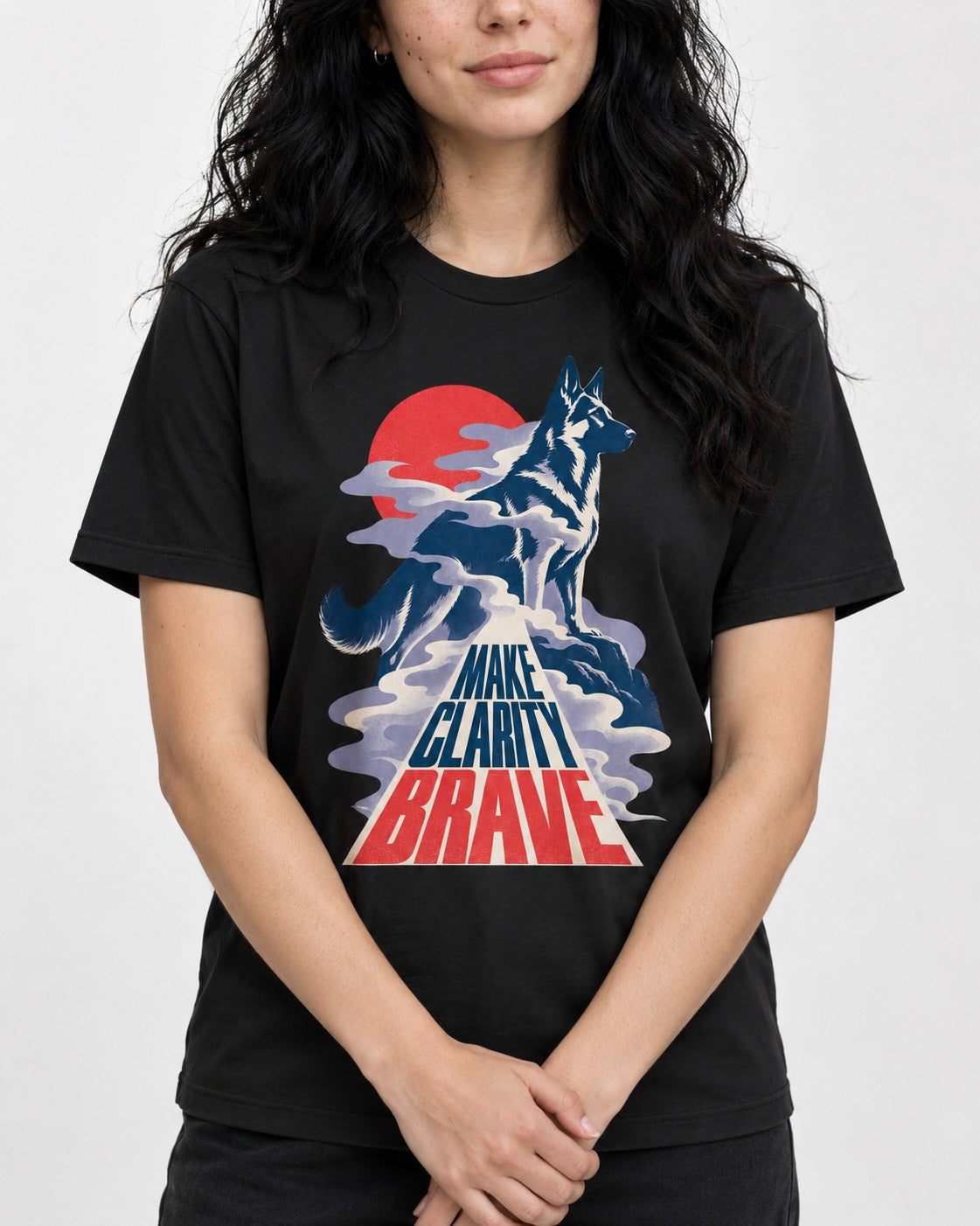 Make Clarity Brave Mountain German Shepherd Dog Graphic T-Shirt in Black, worn by a model, front view
