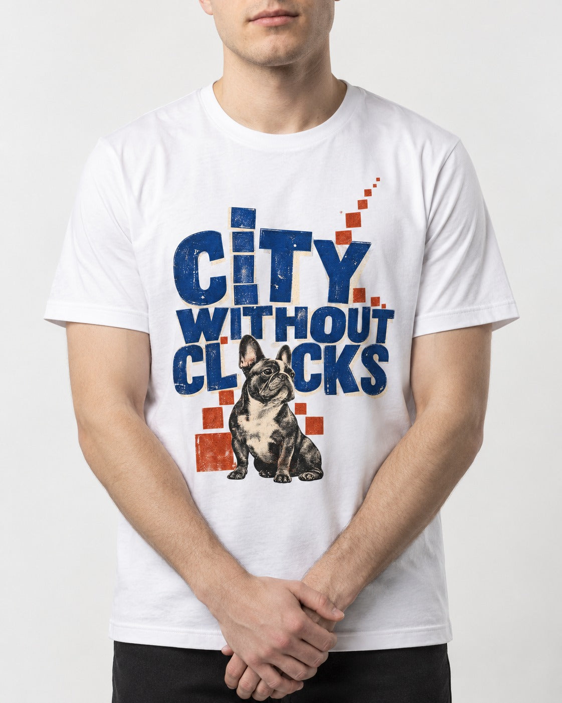 Frenchie's City Without Clocks T-Shirt in White, worn by a model, front view