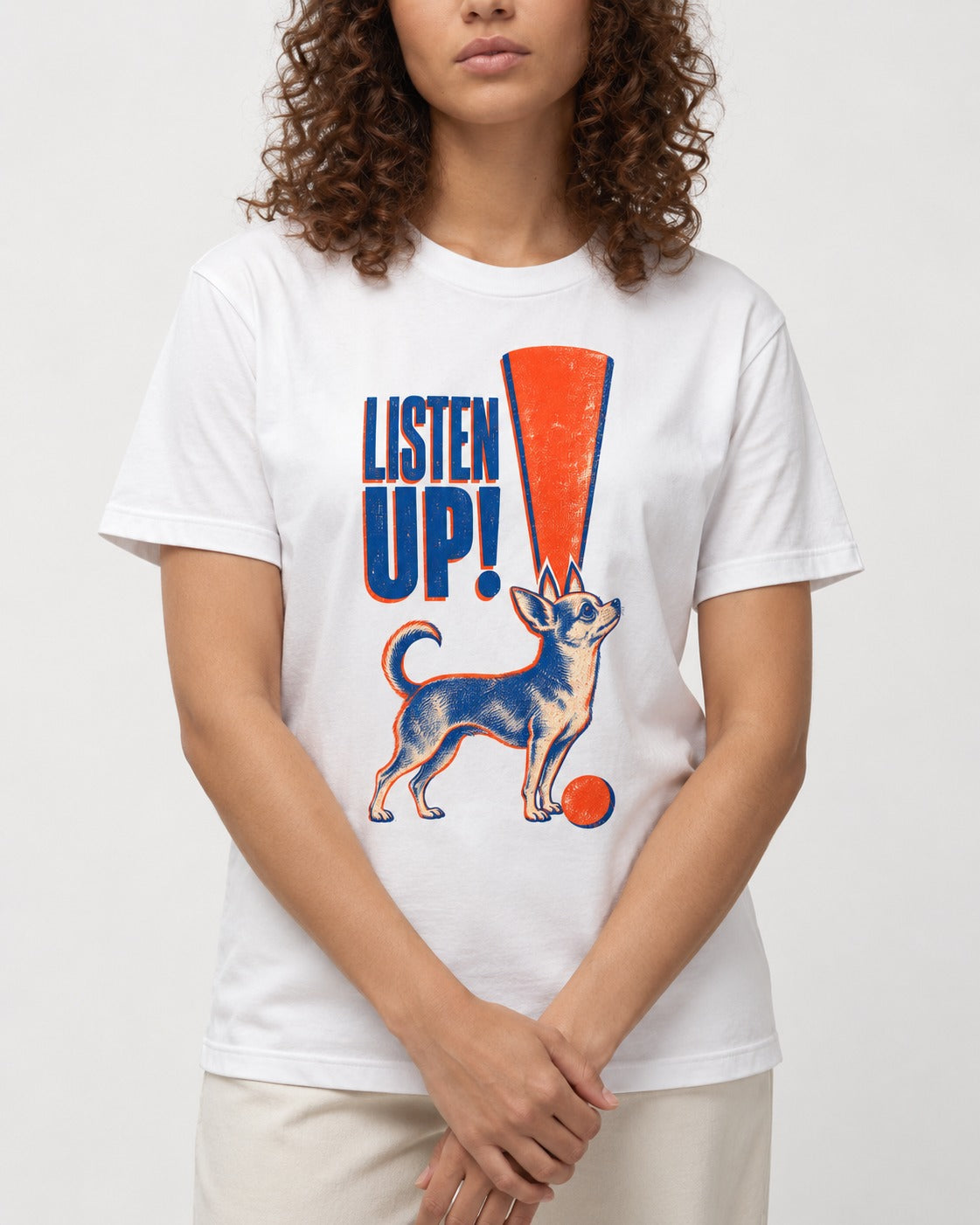 Listen Up Chihuahua T-Shirt in White, worn by a model, front view