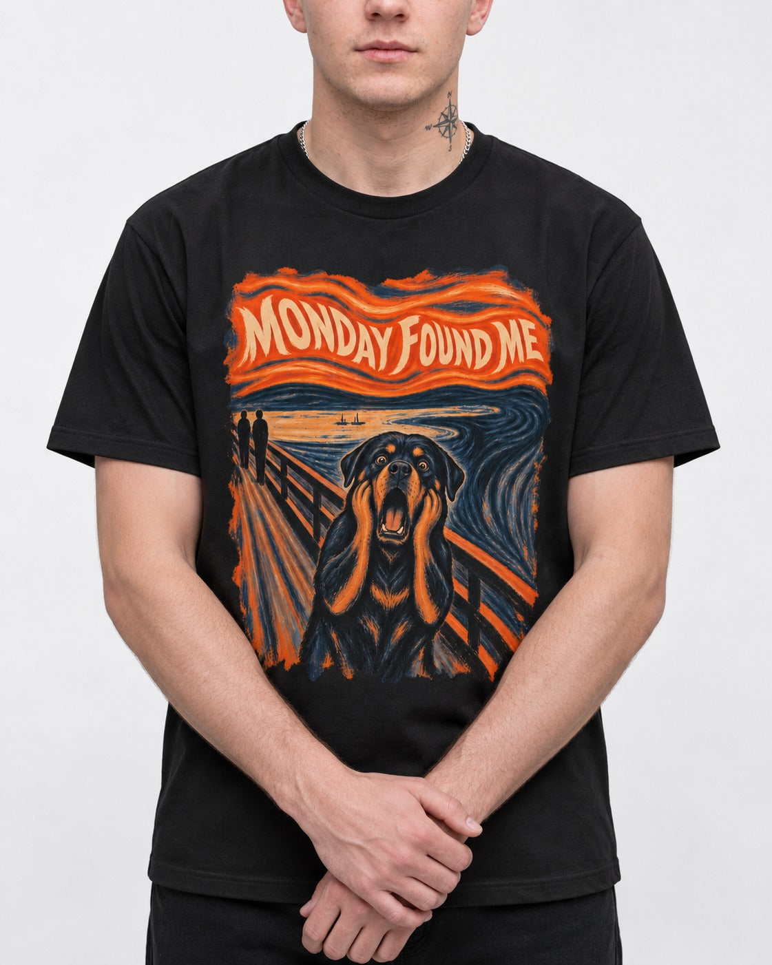 Rottweiler Monday Found Me Scream Parody Graphic T-Shirt in Black, worn by a model, front view