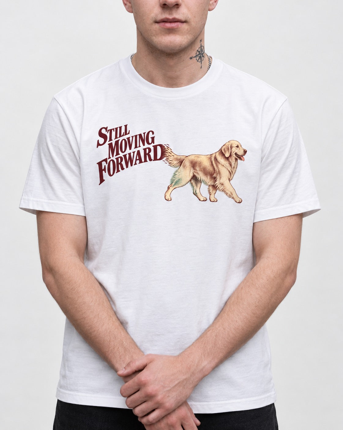 Golden Retriever Still Moving Forward T-Shirt in White, worn by a model, front view