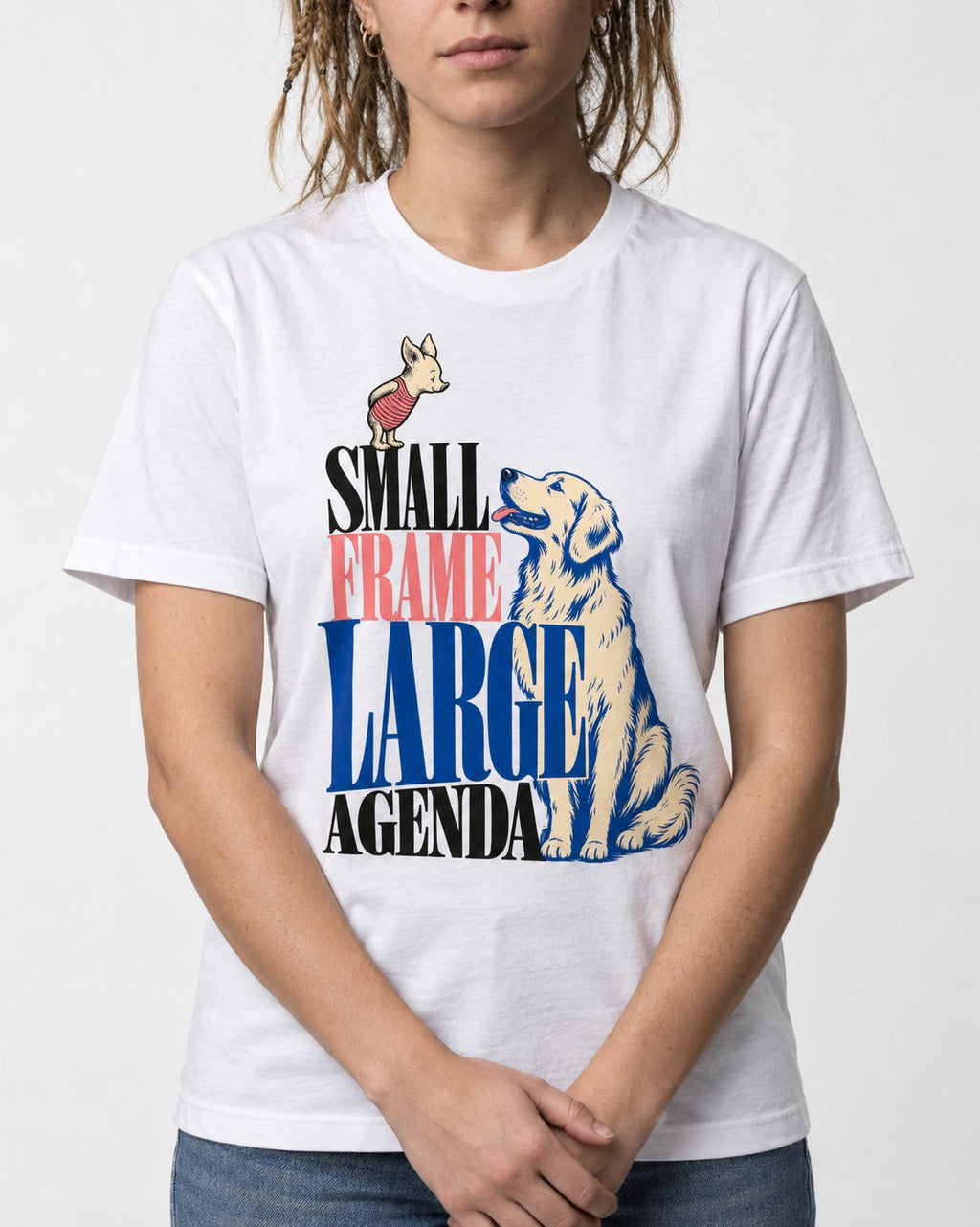Small Frame Large Agenda Golden Retriever T-Shirt in White, worn by a model, front view