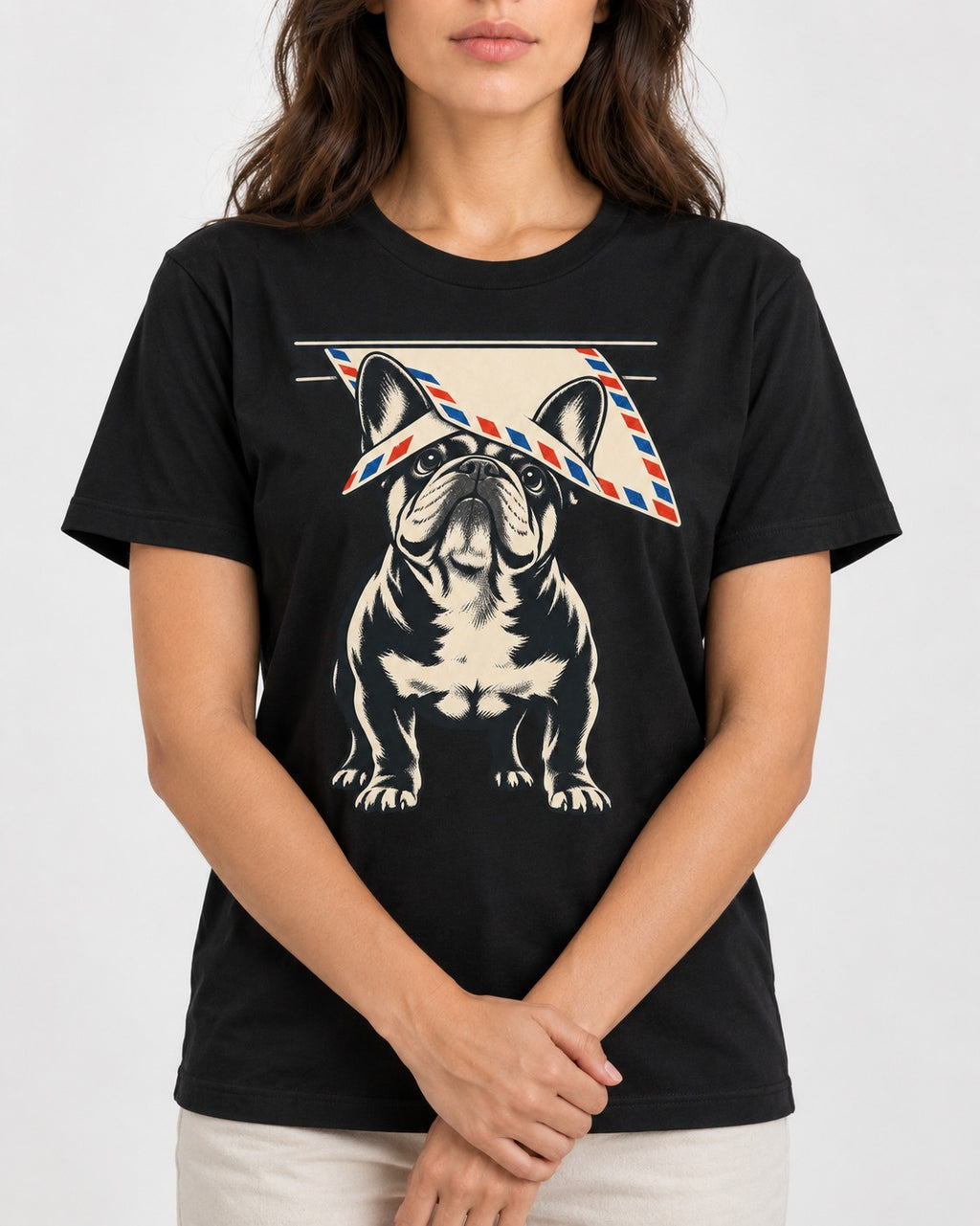 Frenchie Mail Slot Intercept Graphic T-Shirt in Black, worn by a model, front view