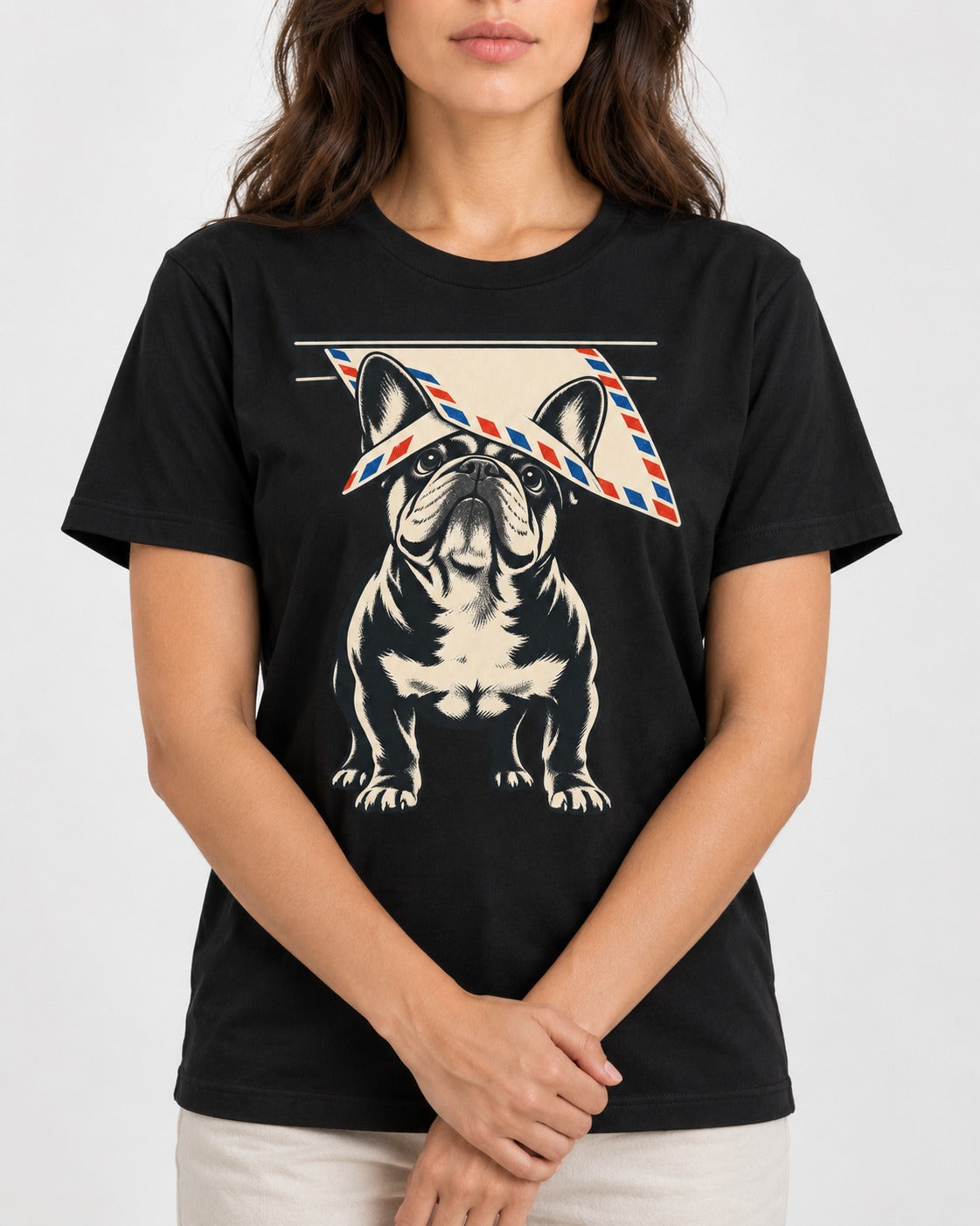 Frenchie Mail Slot Intercept Graphic T-Shirt in Black, worn by a model, front view