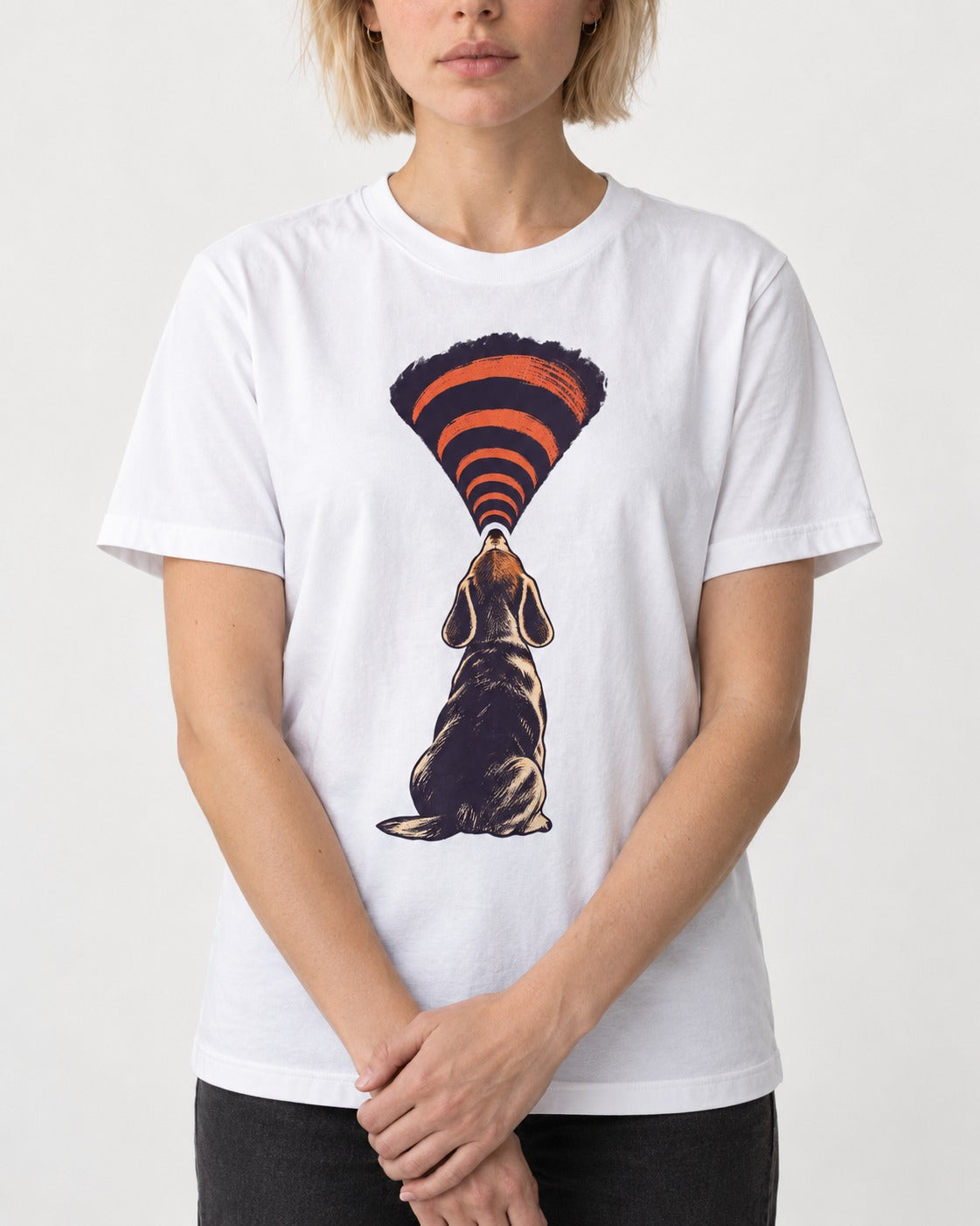 Beagle Broadcast T-Shirt in White, worn by a model, front view